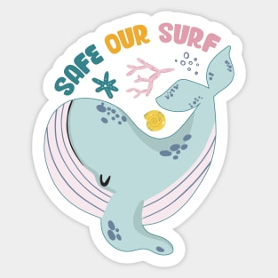 Safe our Surf quote with cute sea animal whale, starfish, coral and shell Sticker